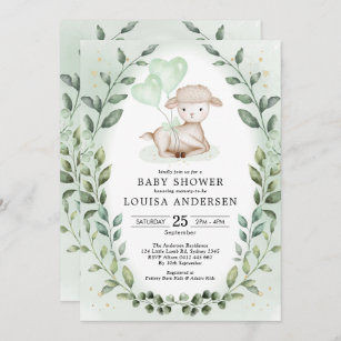 Eucalyptus Baby Sheep Little Lamb Neutral Shower Invitation