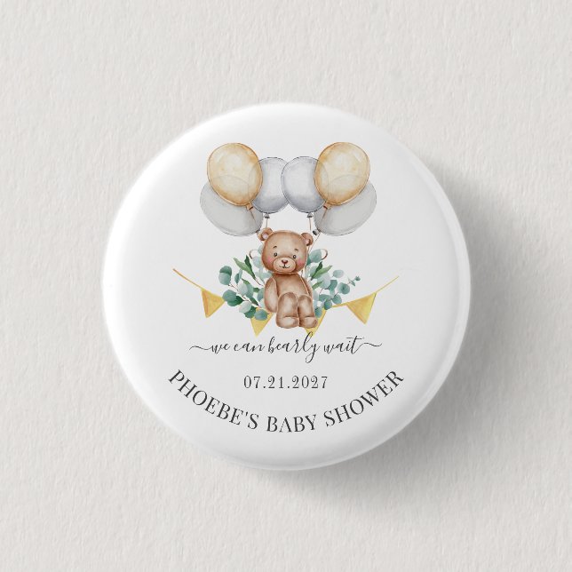 Eucalyptus Baby Shower Bearly Wait Bear & Balloons 3 Cm Round Badge (Front)