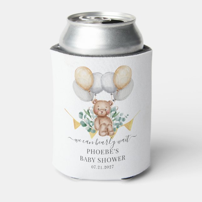 Eucalyptus Baby Shower Bearly Wait Bear & Balloons Can Cooler (Can Back)
