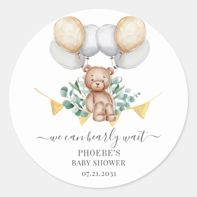 Eucalyptus Baby Shower Bearly Wait Bear & Balloons Classic Round Sticker (Front)
