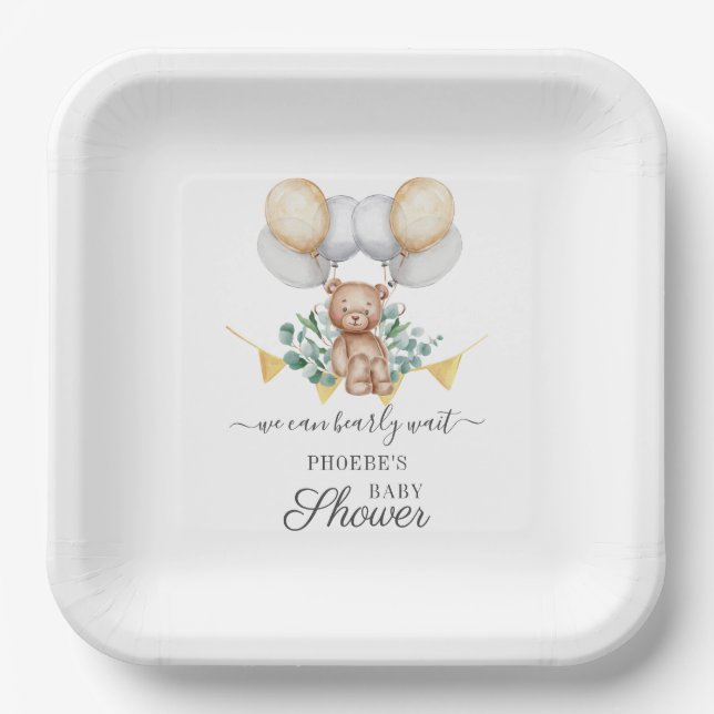 Eucalyptus Baby Shower Bearly Wait Bear & Balloons Paper Plate (Front)