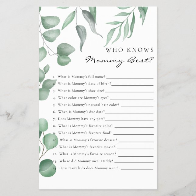 Eucalyptus Baby Shower Game Who knows Mommy Best Flyer (Front)