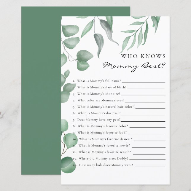 Eucalyptus Baby Shower Game Who knows Mummy Best (Front/Back)