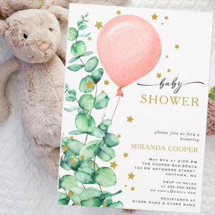 Eucalyptus Balloon Baby Girl Shower golden stars Invitation