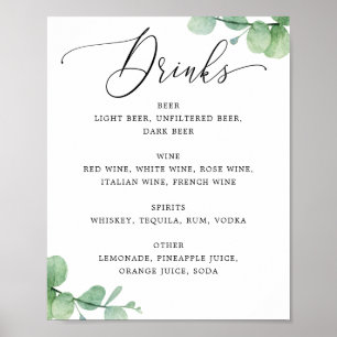 Eucalyptus Bar Menu Sign   Elegant Wedding Drinks
