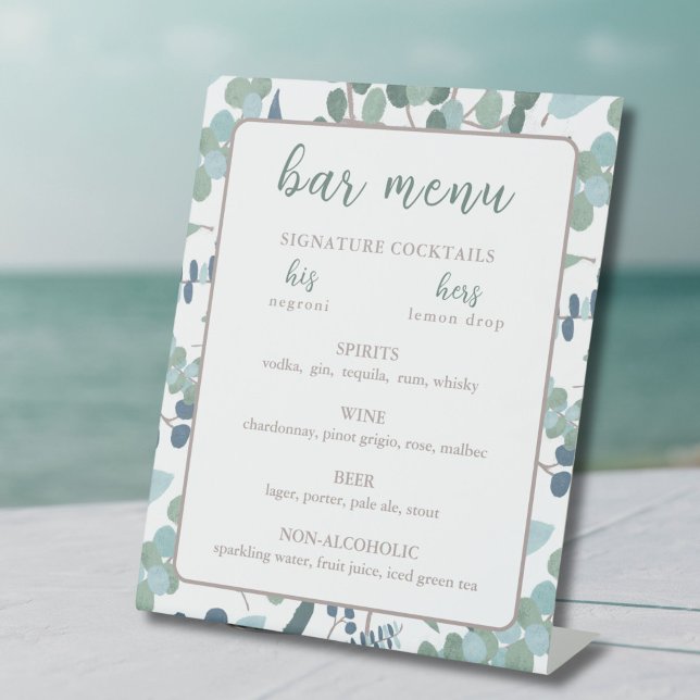Eucalyptus Bar Pedestal Sign (Custom Wedding Bar Menu with eucalyptus leaves border)