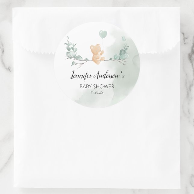 Eucalyptus Bear Baby Shower Classic Round Sticker (Bag)
