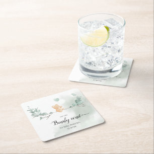 Eucalyptus Bear Baby Shower Square Paper Coaster