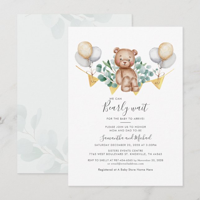 Eucalyptus Bear Baby Shower We Can Bearly Wait Invitation (Front/Back)