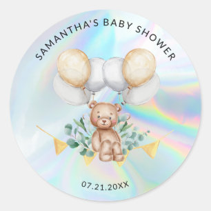 Eucalyptus Bear Balloons Holographic Baby Shower Classic Round Sticker