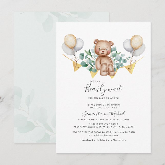 Eucalyptus Bear Botanical Bearly Wait Baby Shower Invitation (Front/Back)