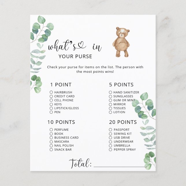 Eucalyptus bear Whats in your purse game (Front)