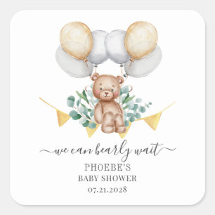 Eucalyptus Bearly Wait Bear & Balloons Baby Shower Square Sticker