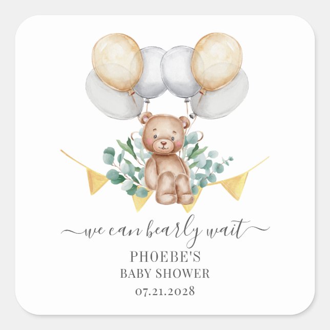 Eucalyptus Bearly Wait Bear & Balloons Baby Shower Square Sticker (Front)