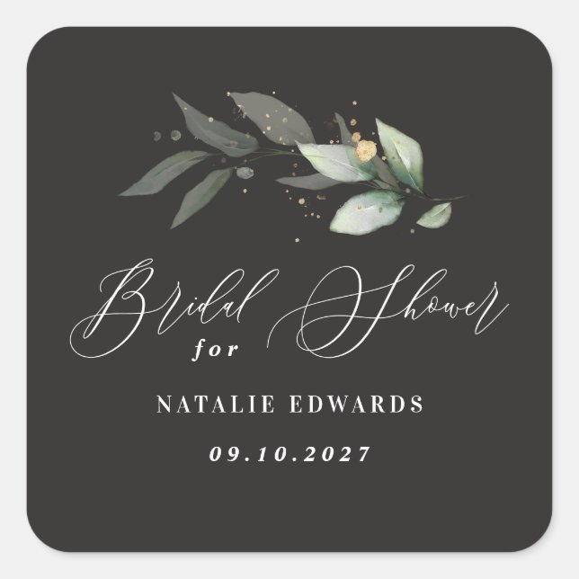Eucalyptus black gold bridal shower  square sticker (Front)