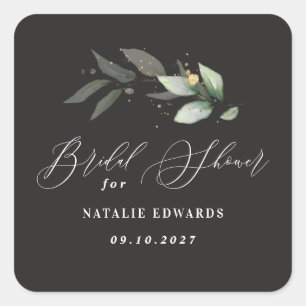 Eucalyptus black gold bridal shower  square sticker