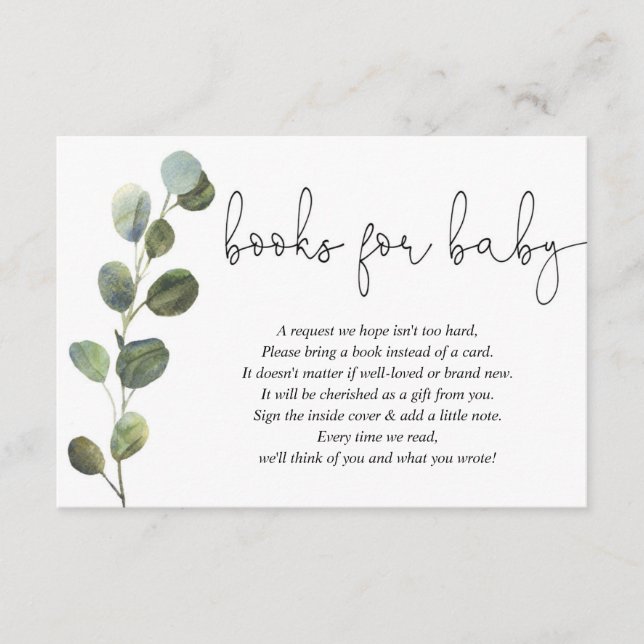 Eucalyptus black white baby shower book request en enclosure card (Front)
