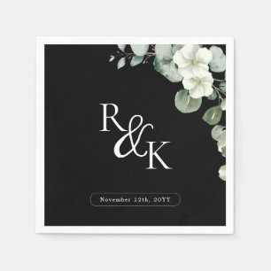 Eucalyptus Black & White Minimalist Monogram wedd Napkin