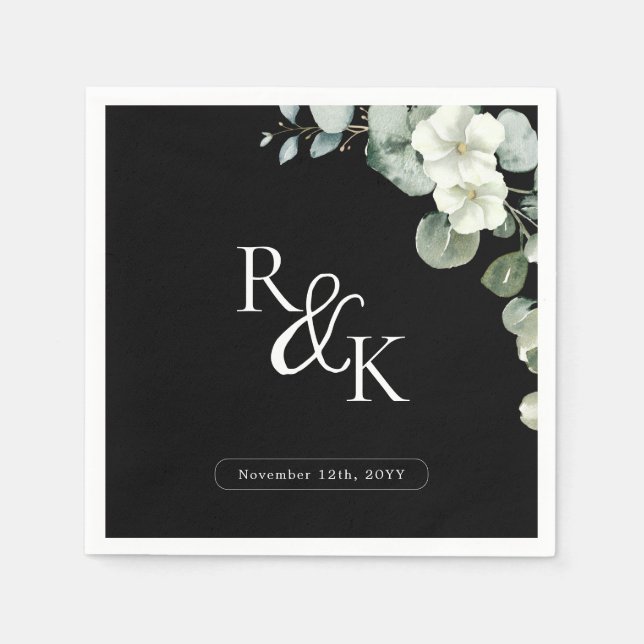Eucalyptus Black & White Minimalist Monogram wedd Napkin (Front)
