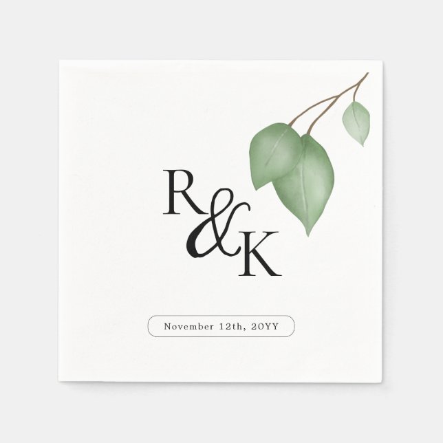 Eucalyptus Black & White Minimalist Monogram wedd Napkin (Front)