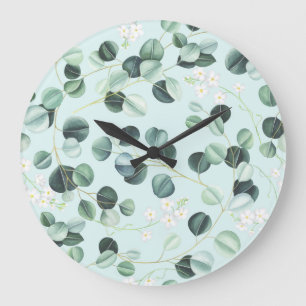 Eucalyptus Bliss: Turquoise Watercolor Pattern. Large Clock