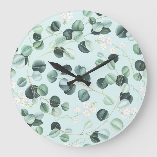 Eucalyptus Bliss: Turquoise Watercolor Pattern. Large Clock (Front)