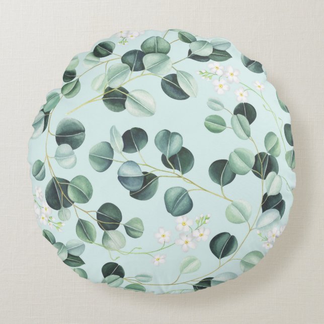 Eucalyptus Bliss: Turquoise Watercolor Pattern. Round Cushion (Front)