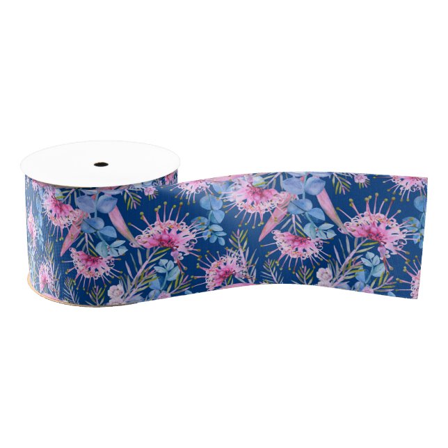 Eucalyptus Blue And Pink Grevillea Grosgrain Ribbon (Spool)