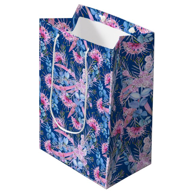 Eucalyptus Blue And Pink Grevillea Medium Gift Bag (Front Angled)