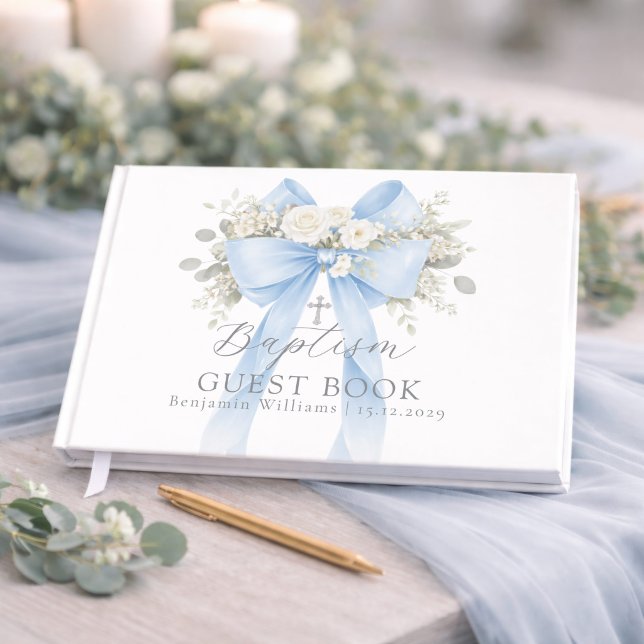 Eucalyptus Blue Bow Baby Boy Baptism Guest Book (Creator Uploaded)