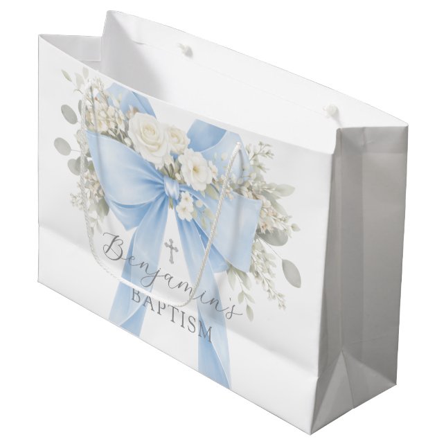 Eucalyptus Blue Bow Baby Boy Baptism Large Gift Bag (Front Angled)