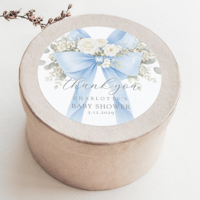 Eucalyptus Blue Bow Baby Shower Thank you Classic Round Sticker (Creator Uploaded)