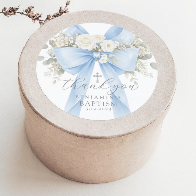 Eucalyptus Blue Bow Baptism Thank you Classic Round Sticker (Creator Uploaded)