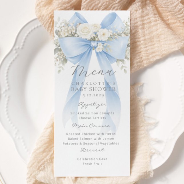 Eucalyptus Blue Bow Elegant Baby Shower Menu (Creator Uploaded)