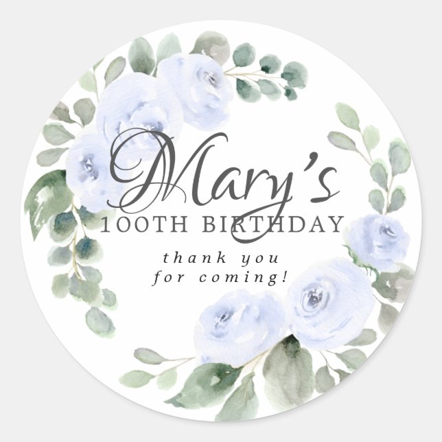 Eucalyptus Blue Floral 100th Birthday Thank You Classic Round Sticker (Front)