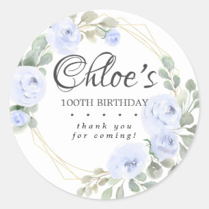Eucalyptus Blue Floral 100th Birthday Thank You Classic Round Sticker