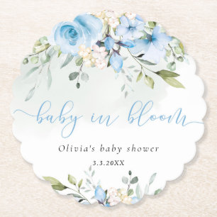 Eucalyptus blue floral baby in bloom baby shower paper coaster
