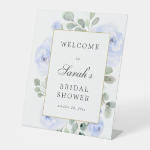 Eucalyptus Blue Floral Bridal Shower Welcome Pedestal Sign