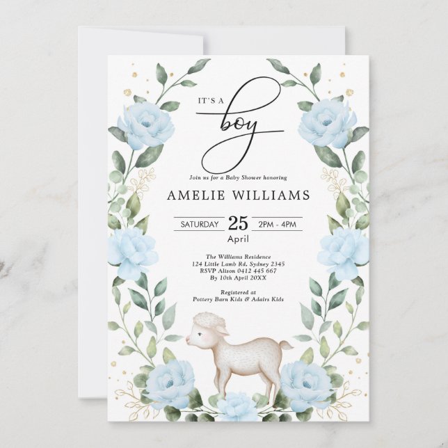 Eucalyptus Blue Flower Lamb Boy Baby Shower Invitation (Front)
