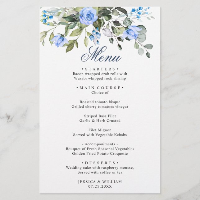 Eucalyptus Blue Roses Floral Wedding Dinner Menu (Front)