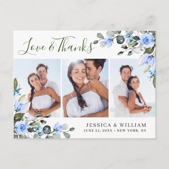 Eucalyptus Blue Roses Wedding 3 Photo Thank You Postcard (Front)