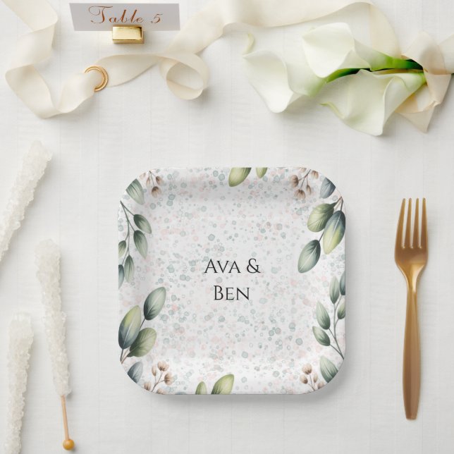 Eucalyptus Blush Alcohol Ink Wedding Paper Plate (Wedding)