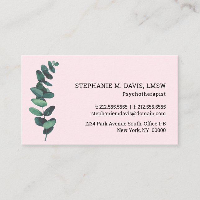 Eucalyptus Blush Pink Therapist Business Card (Front)