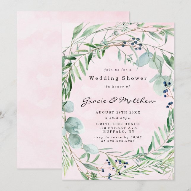 Eucalyptus Blush Pink Wedding Shower Invitation (Front/Back)