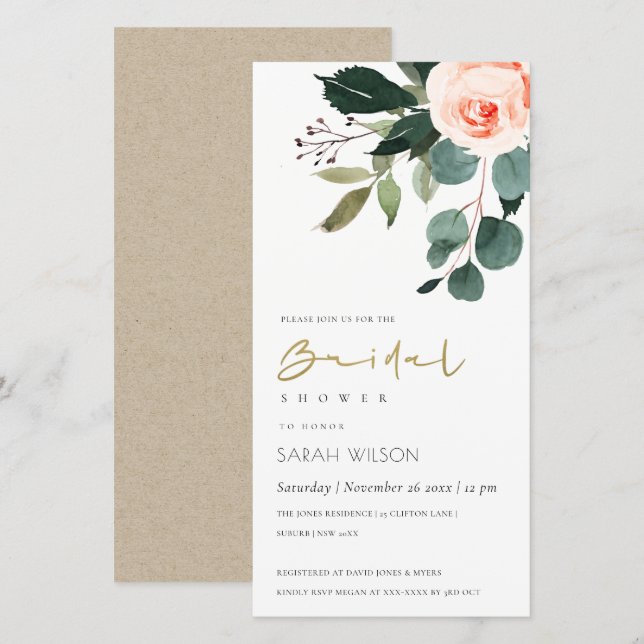 Eucalyptus Blush Rose Floral Bridal Shower Invite (Front/Back)