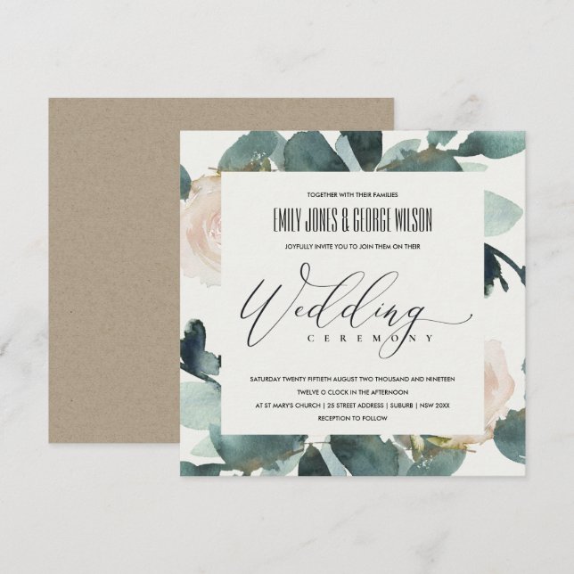 EUCALYPTUS BLUSH ROSE FOLIAGE WATERCOLOR WEDDING INVITATION (Front/Back)