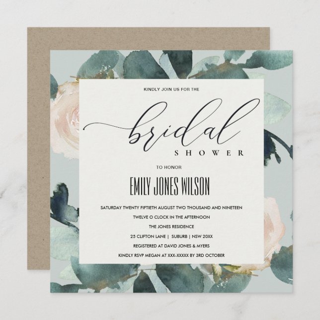 EUCALYPTUS BLUSH ROSE GREY KRAFT BRIDAL SHOWER INVITATION (Front/Back)