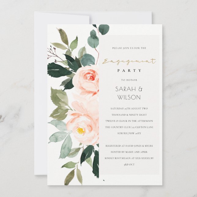 Eucalyptus Blush Rose Pink Engagement Invite (Front)