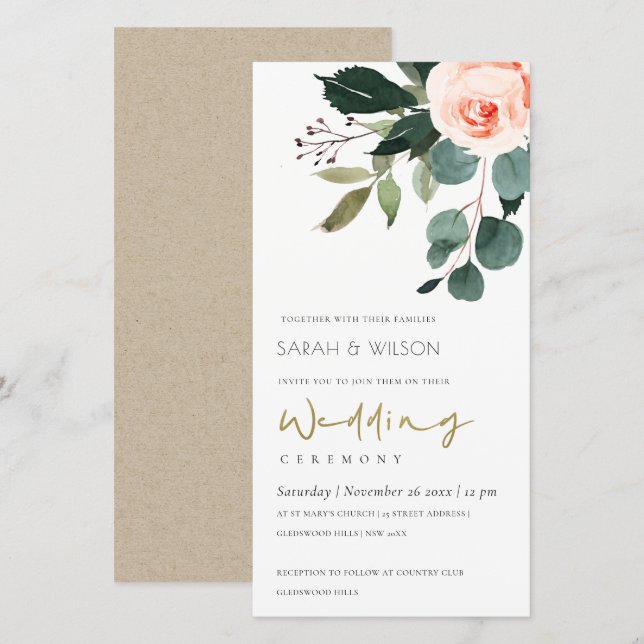 Eucalyptus Blush Rose Pink Floral Wedding Invite (Front/Back)