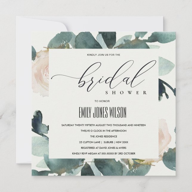 EUCALYPTUS BLUSH ROSE SOFT KRAFT BRIDAL SHOWER INVITATION (Front)